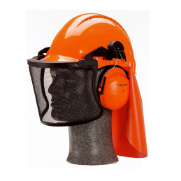 3M PELTOR Helmkombination mit G3000 Helm, OPTIME II Grhörschutzkappe und V5B Visier.